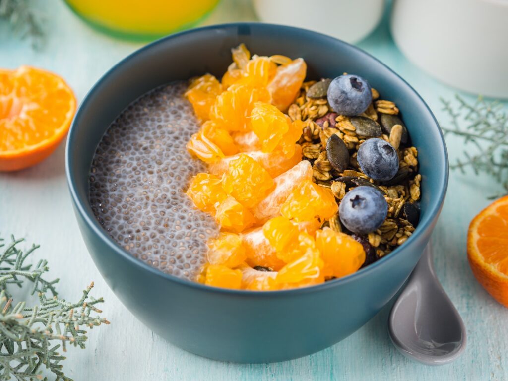 Chia pudding with tangerines and granola